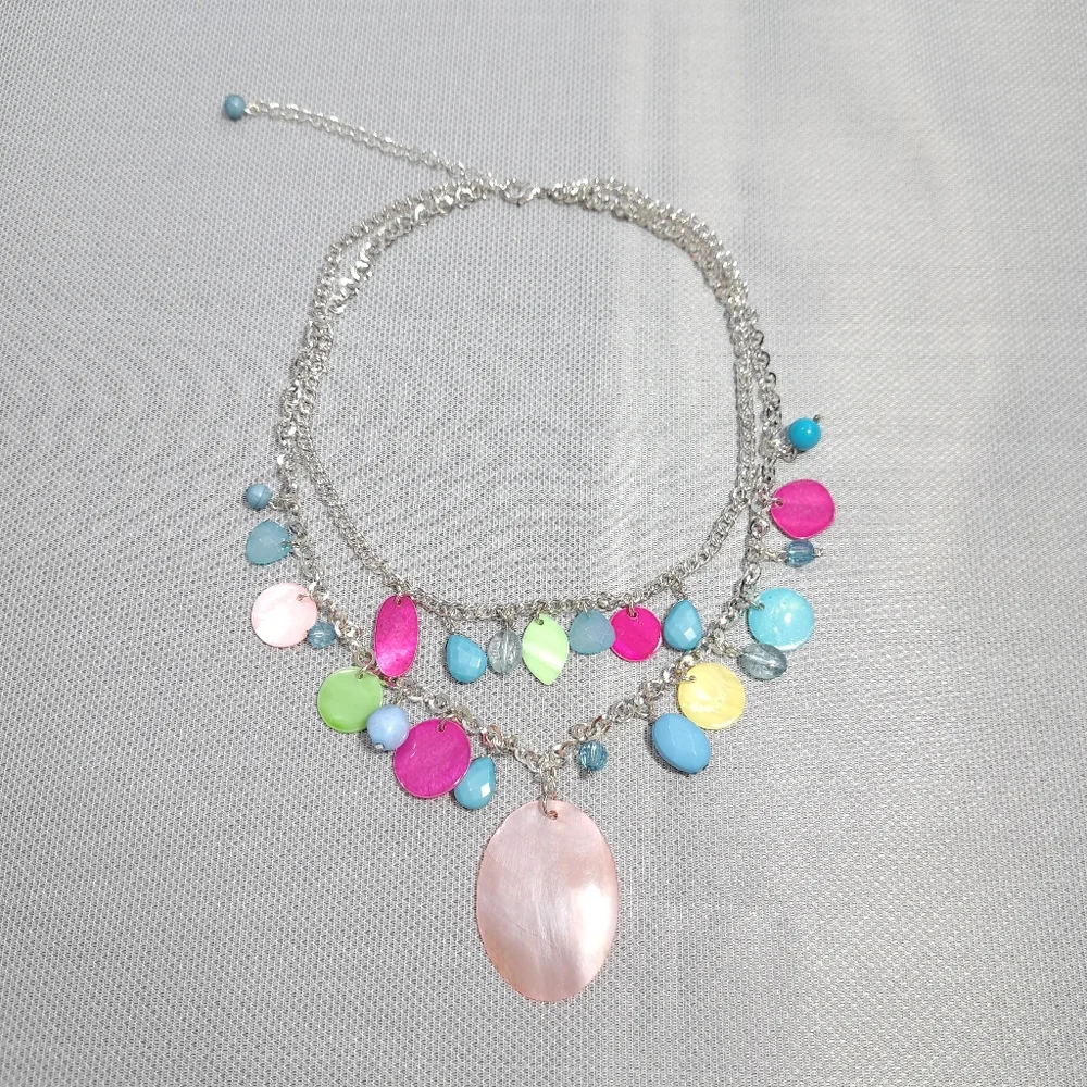 Women's Necklace Pink & Blue Acrylic Beads & Mother Pearls Silver Tone 10 Inches